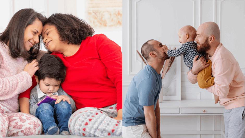 Eine Zwei-Mütter-Familie mit Kind und eine Zwei-Väter-Familie mit Kind. Symbolfoto für Neuerung, dass nach der Stiefkindadoption seit 2022 auch zwei Mütter bzw. zwei Väter stehen können