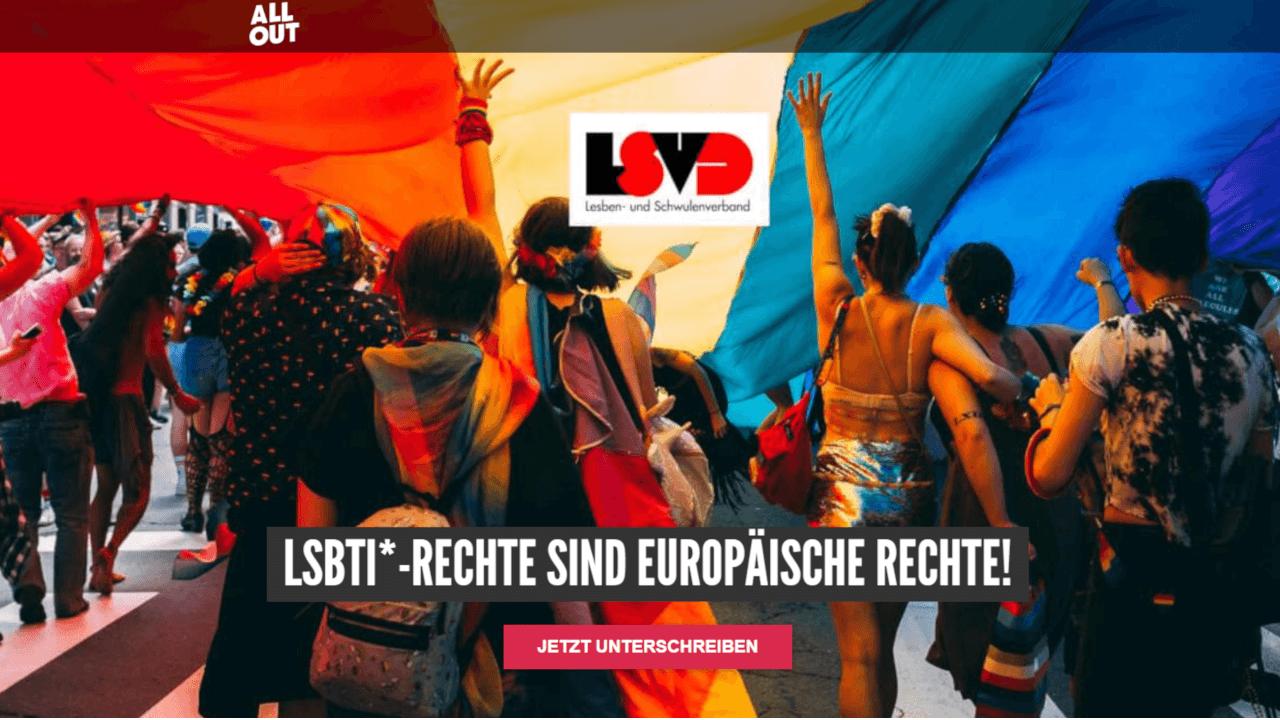 Petition LGBT-Rechte in Polen von LSVD auf All Out Menschen unter riesiger Regenbogenfahne auf einem CSD