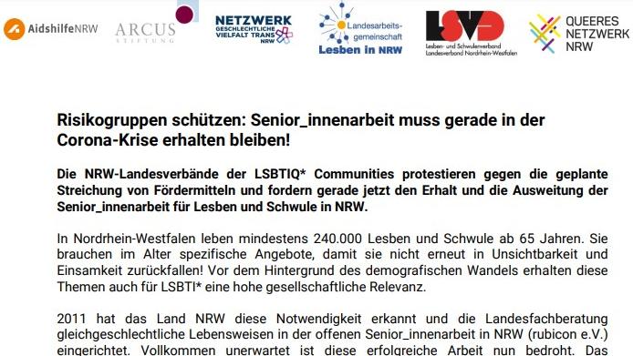 Die NRW-Landesverbände der LSBTIQ* Communities protestieren gegen die geplante Streichung von Fördermitteln 