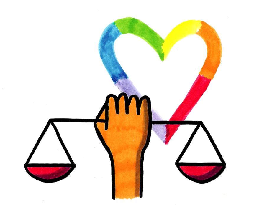 Eine Waage als Symbol für Gerechtigkeit sowie ein regenbogenfarbenes Herz als Symbol für Mitmenschlichkeit