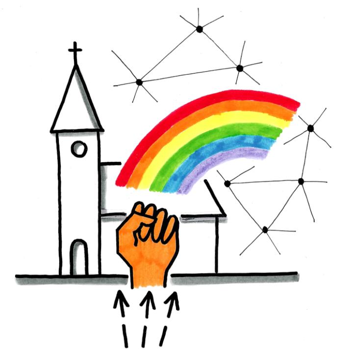 Zeichnung einer Kirche mit einem Regenbogenbogen