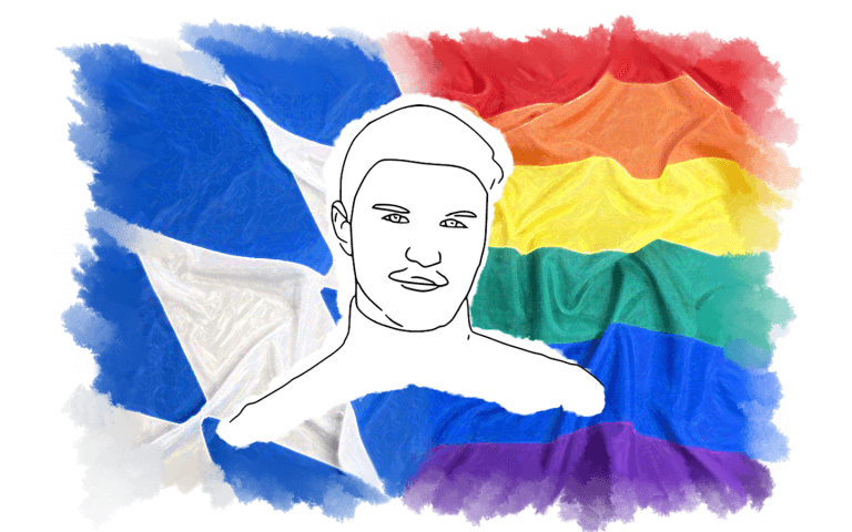 Gezeichnetes Bild von Pavlo vor einer Regenbogenflagge und der bayerischen Fahne