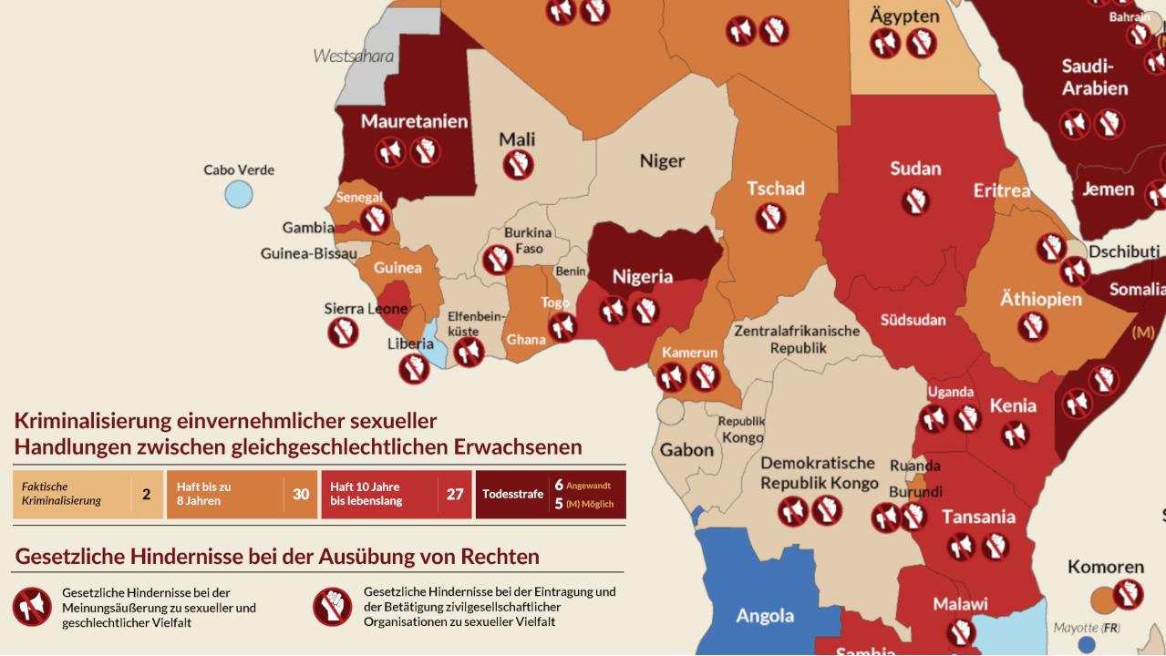 Ausschnitt aus der Weltkarte von ILGA World zeigt die Kriminalisierung von Homosexualität in westafrikanischen Staaten, darunter Ghana und Senegal