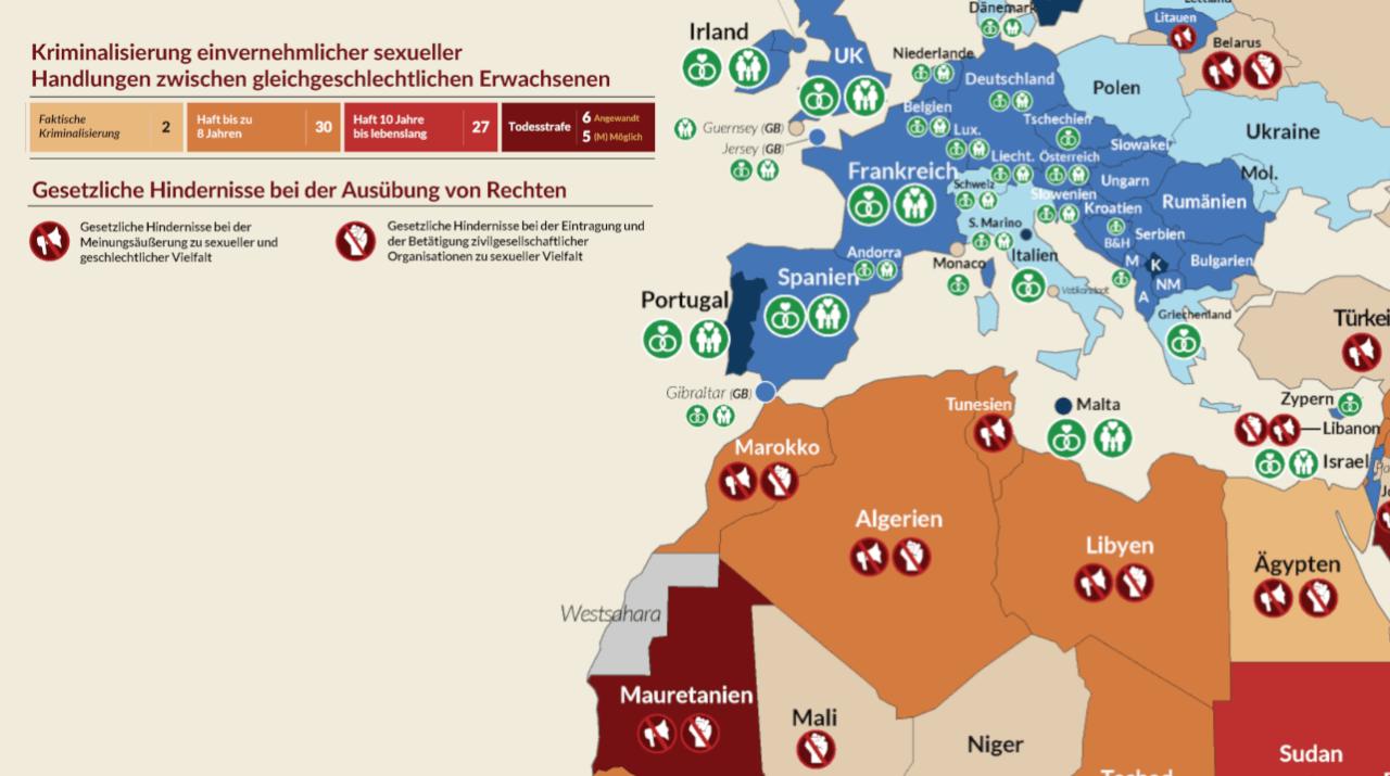Ausschnitt aus der ILGA-Weltkarte zeigt, dass Algerien, Marokko und Tunesien Homosexualität verbieten und mit Gefängnis bestrafen