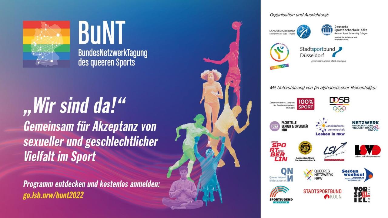 31.10 - 06.11: BuNT 2022 „Wir sind da!“: Für erhöhte Akzeptanz von sexueller und geschlechtlicher Vielfalt im Sport.